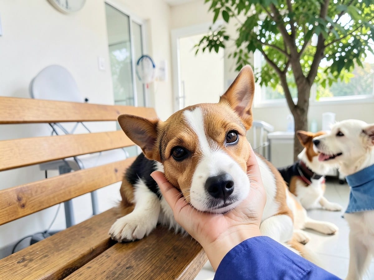 Jack Russell Terrier rests its head on a person's hand, displaying curiosity and trust, with a wooden bench and tree in the background.