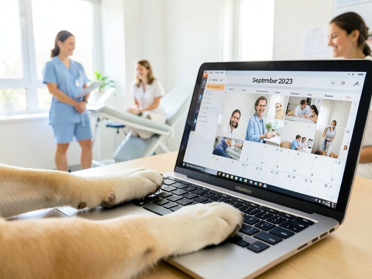 dog's paws rest on a laptop keyboard, positioned as if typing, while the laptop displays a calendar for September 2023.