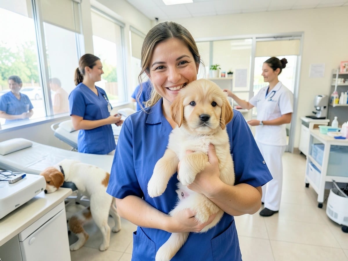 person in a blue shirt holds a golden retriever puppy in a store, while the puppy gazes at the camera.