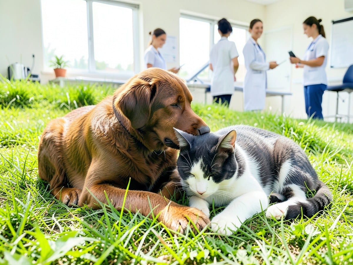 brown and black dog and a gray and white cat share a tender moment, resting together on the grass in a lush green field.