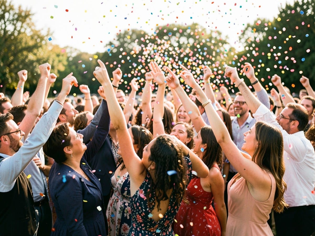 diverse crowd gathers with arms raised, celebrating amidst a shower of multicolored confetti, amidst a blur of movement and vibrant colors.