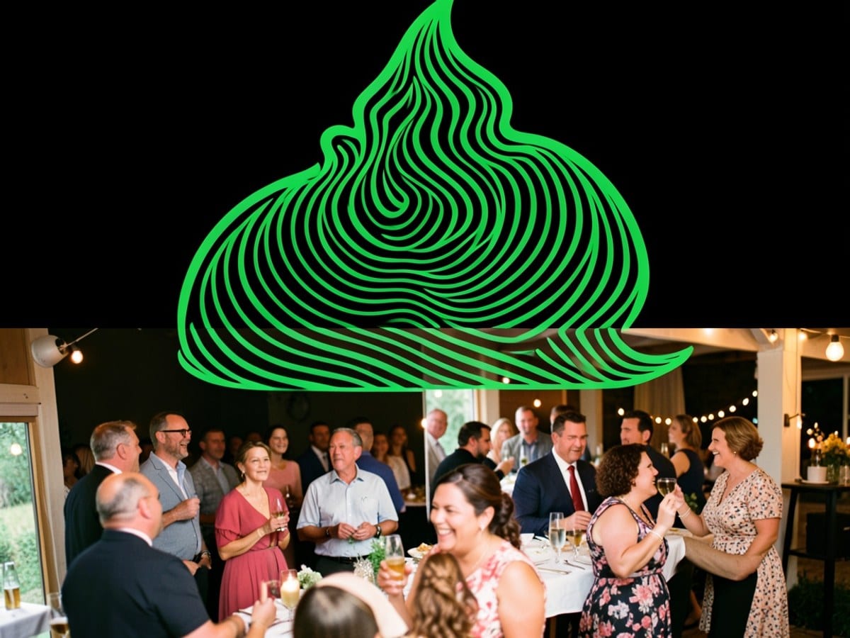 green abstract shape, resembling a cloud or flame, features concentric lines and curves against a black background.