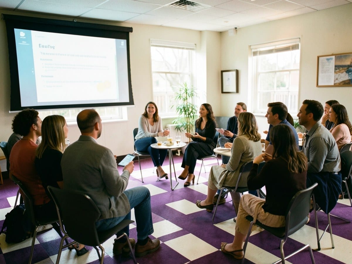 conference room with a purple and white checkered floor features a large screen displaying a presentation, with seated individuals engaged in discussion.