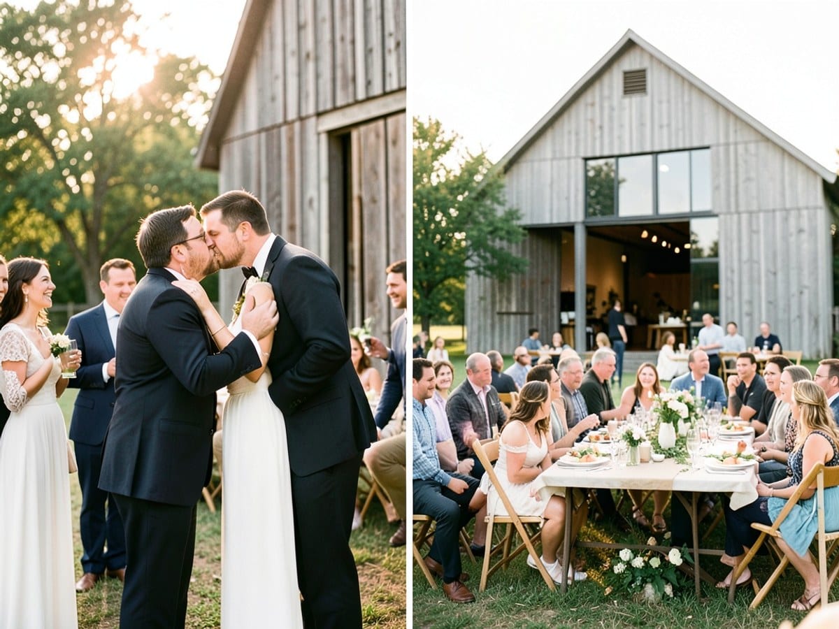 collage of two wedding scenes features a groom kissing his bride at a rustic barn wedding, with guests seated at a table and a modern barn setting in the background.