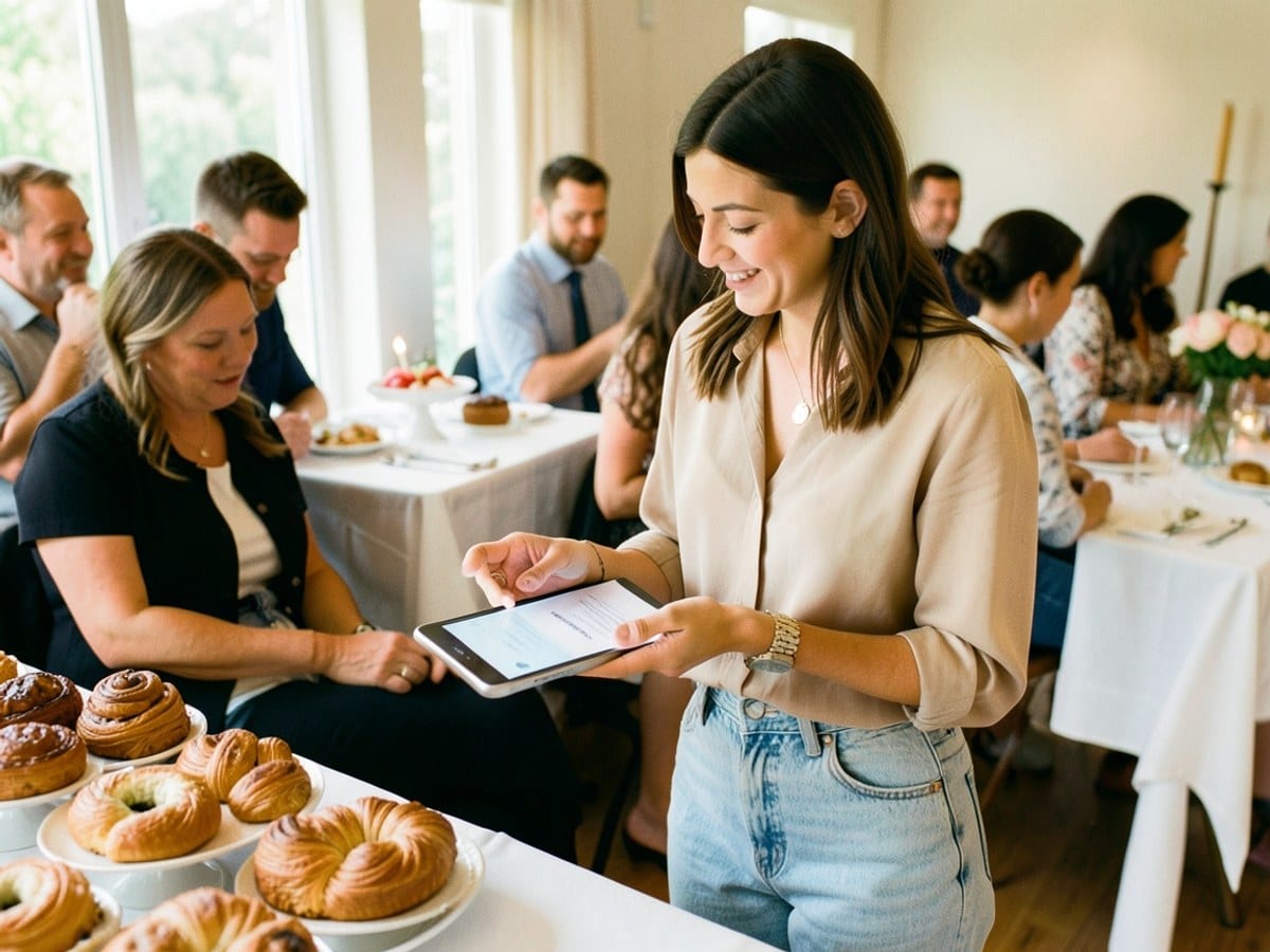 young woman in a beige blouse and light blue jeans discusses a contract and a payment processed on a tablet, surrounded by a table of pastries.