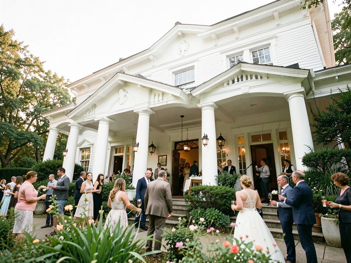 large white building with a spacious porch, inviting entrance, and lush garden is captured from a low angle, emphasizing its grandeur and tranquility.
