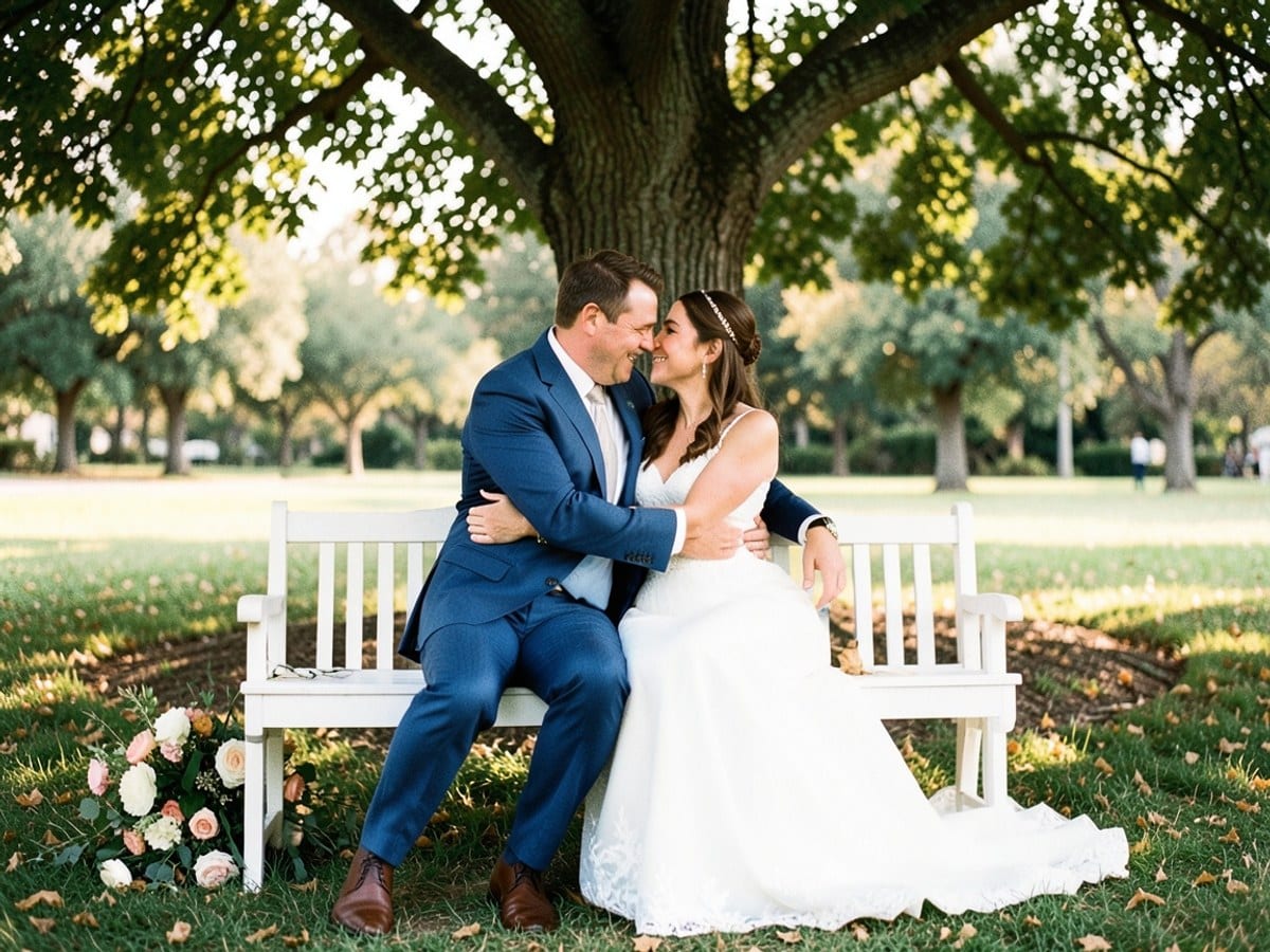 couple embraces on a white bench under a tree in a park, dressed in a blue suit and white wedding dress, with a flower arrangement nearby.