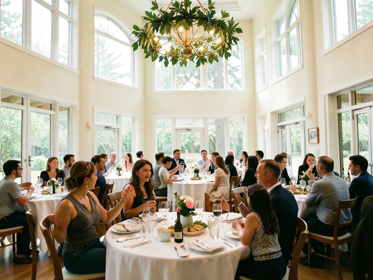 spacious dining room with high ceilings, large windows, and round tables set for a reception is illuminated by a chandelier with green leaves.