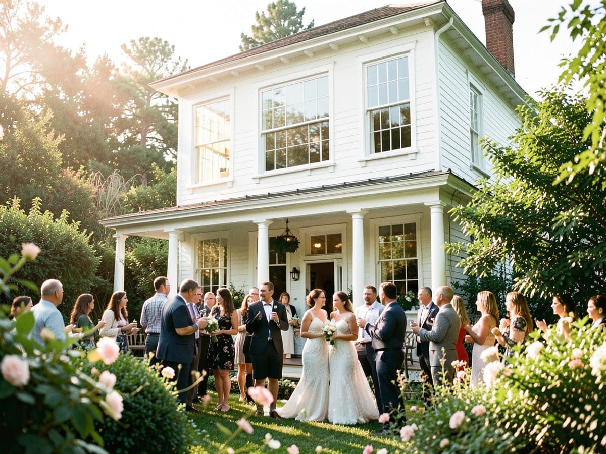 white two-story building with large windows, a porch, and a lush garden is bathed in sunlight, creating a serene and tranquil atmosphere.