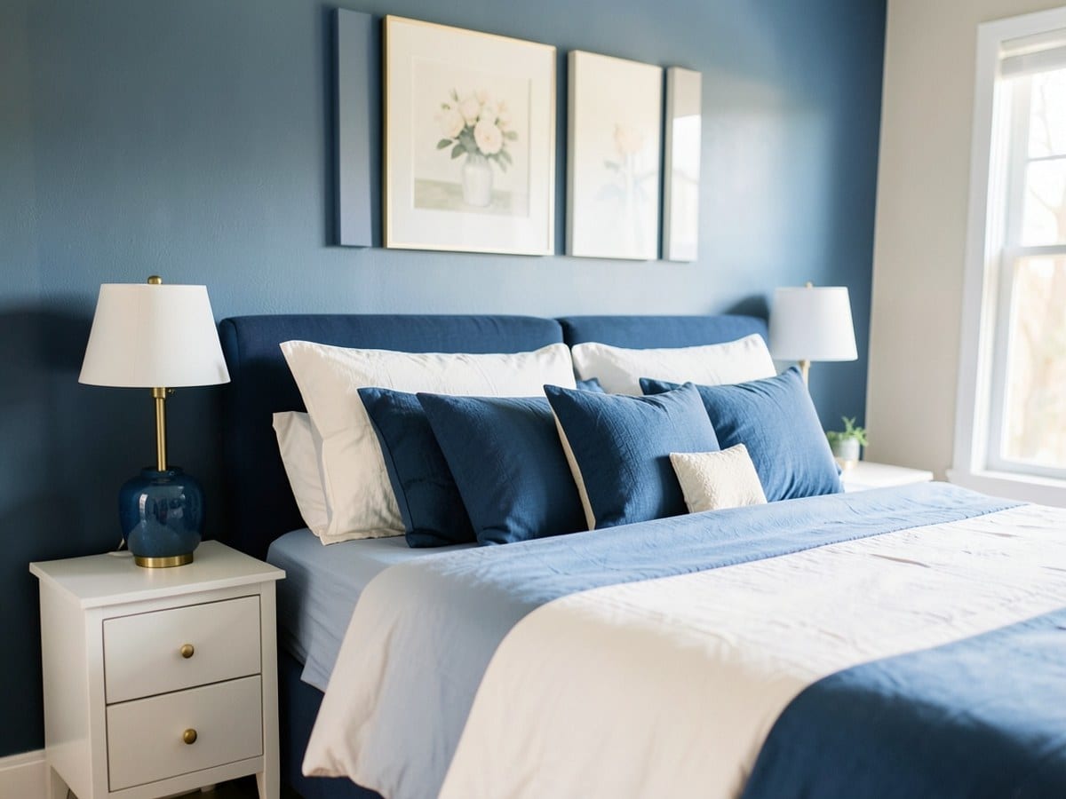modern bedroom features a blue bed with white comforter, blue pillows, and a white nightstand with a gold lamp and blue vase, set against a blue wall and framed by and white paintings.
