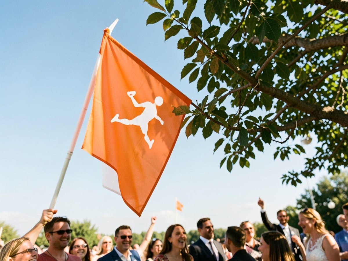 orange flag with a white silhouette of a football player waves against a clear blue sky, attached to a tree branch with green leaves.