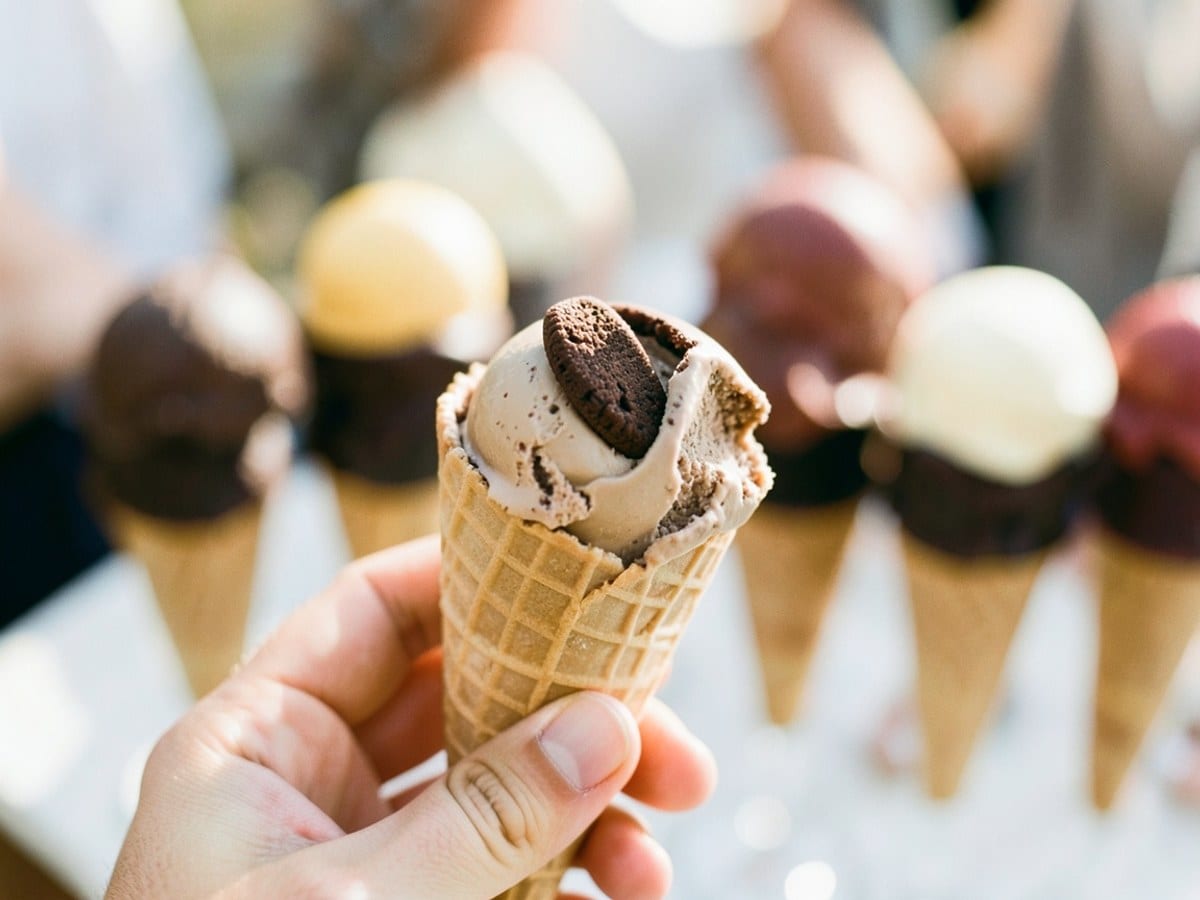 hand holds an ice cream cone with a bite taken out, revealing light brown ice cream and a chocolate biscuit topping, with other ice cream flavors visible in the background.
