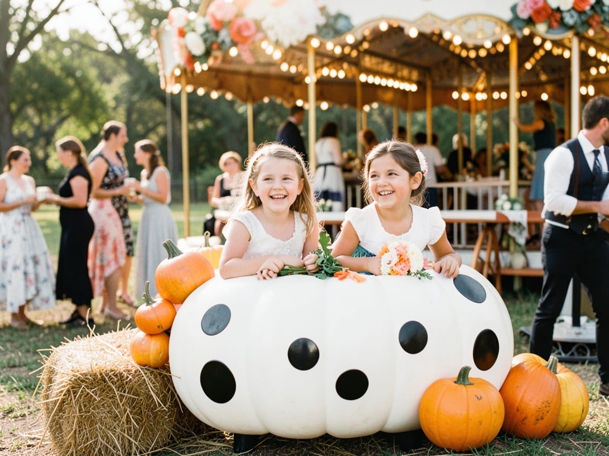 Two girls sit in a white pumpkin-shaped wagon with black spots, decorated with orange and yellow pumpkins, a hay bale, and a carousel in the background.