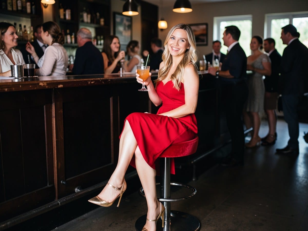 young woman in a red dress and gold heels sits at a dimly lit bar, smiling and holding a cocktail, with a red velvet bar stool in front of her.
