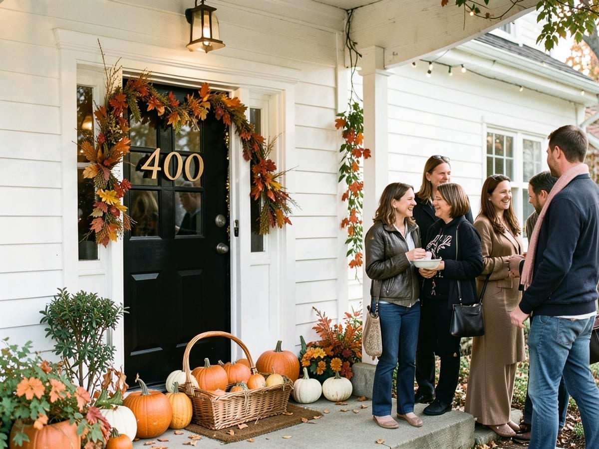 white house with a black door and window, adorned with autumn decorations, displays a number "400" with a basket of pumpkins and gourds on the porch.
