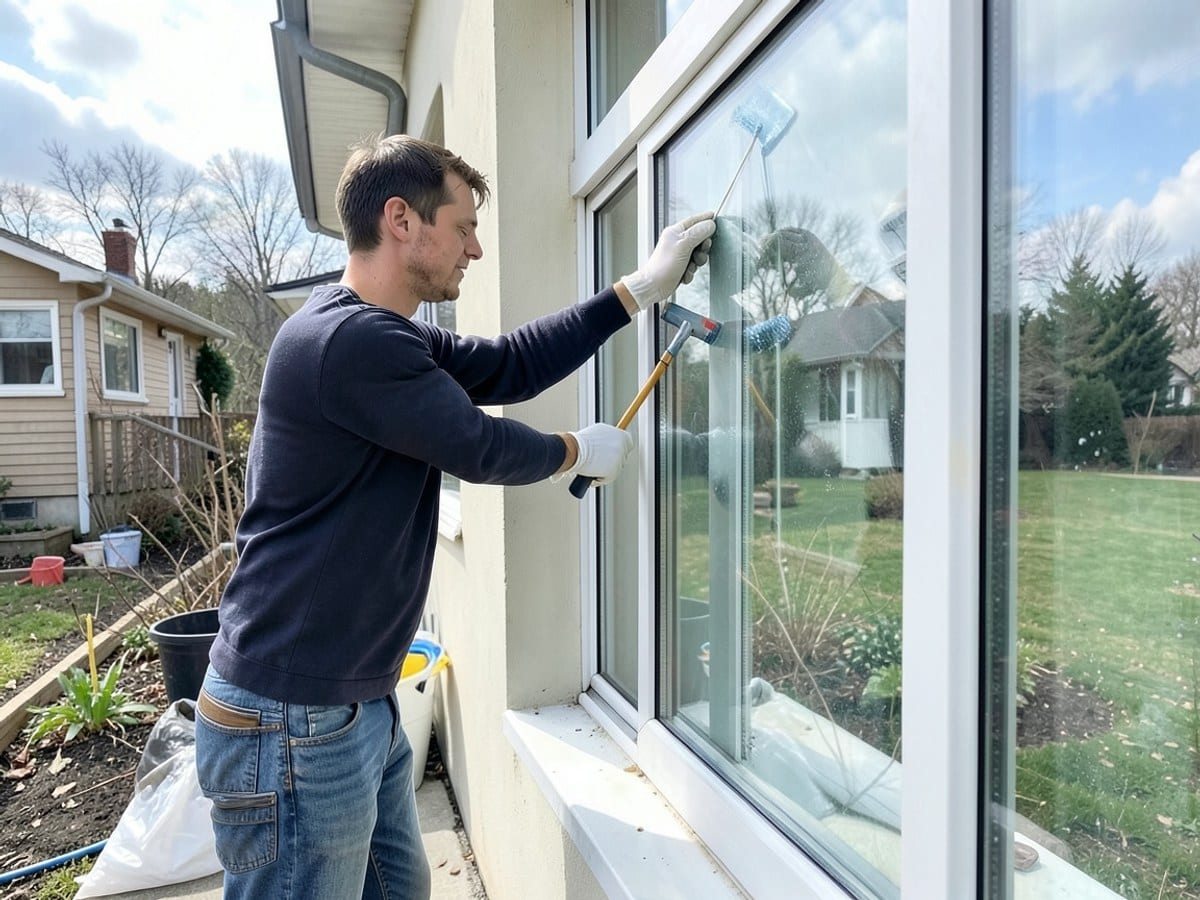 Team member cleaning a window screen outdoors