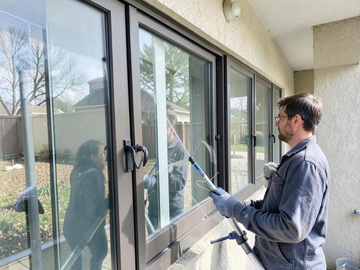 Technician washing an exterior pane with a water-fed pole