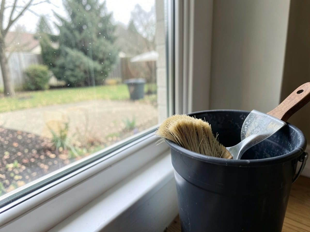 Close-up of a brush and bucket beside a window