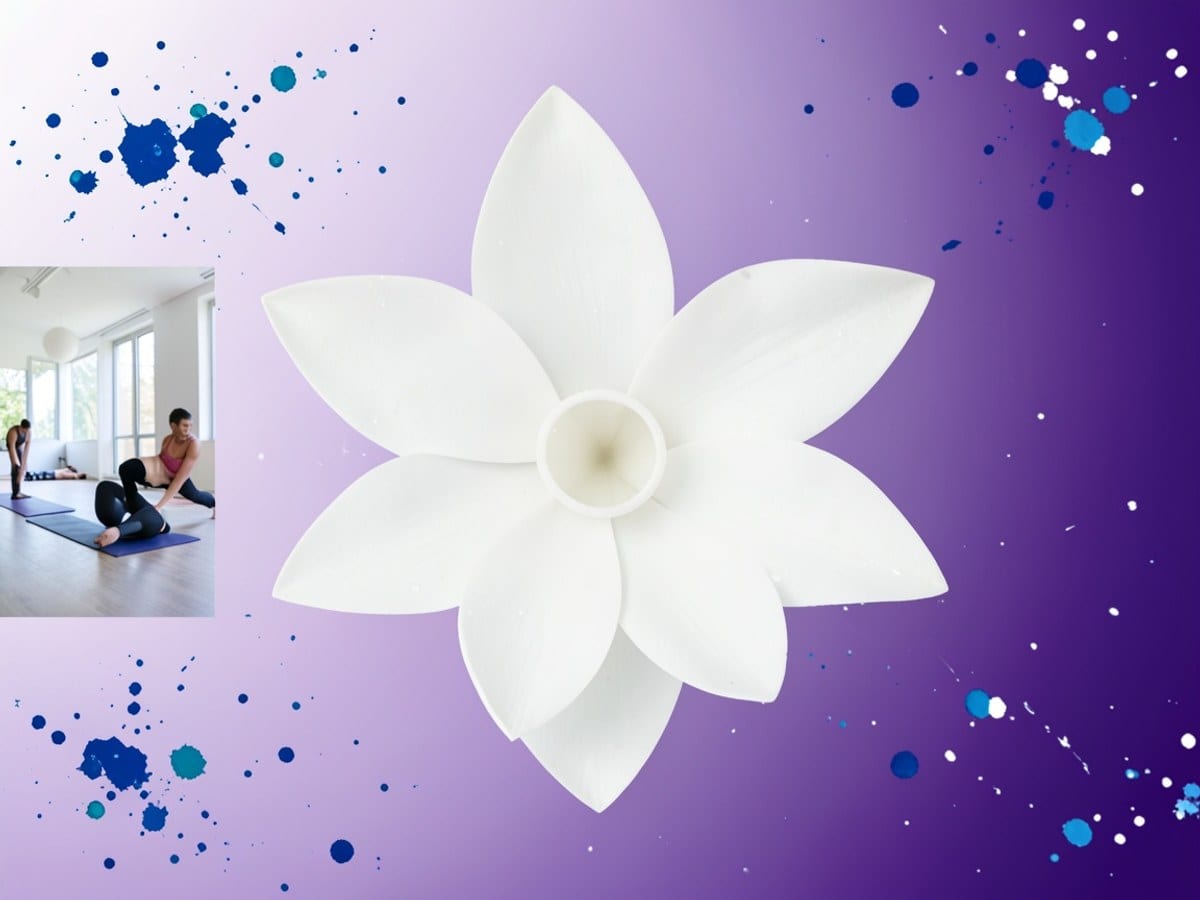 white lotus flower with six petals and a circle in its center is centered against a gradient background transitioning from light to dark purple, adorned with blue and white splotches.