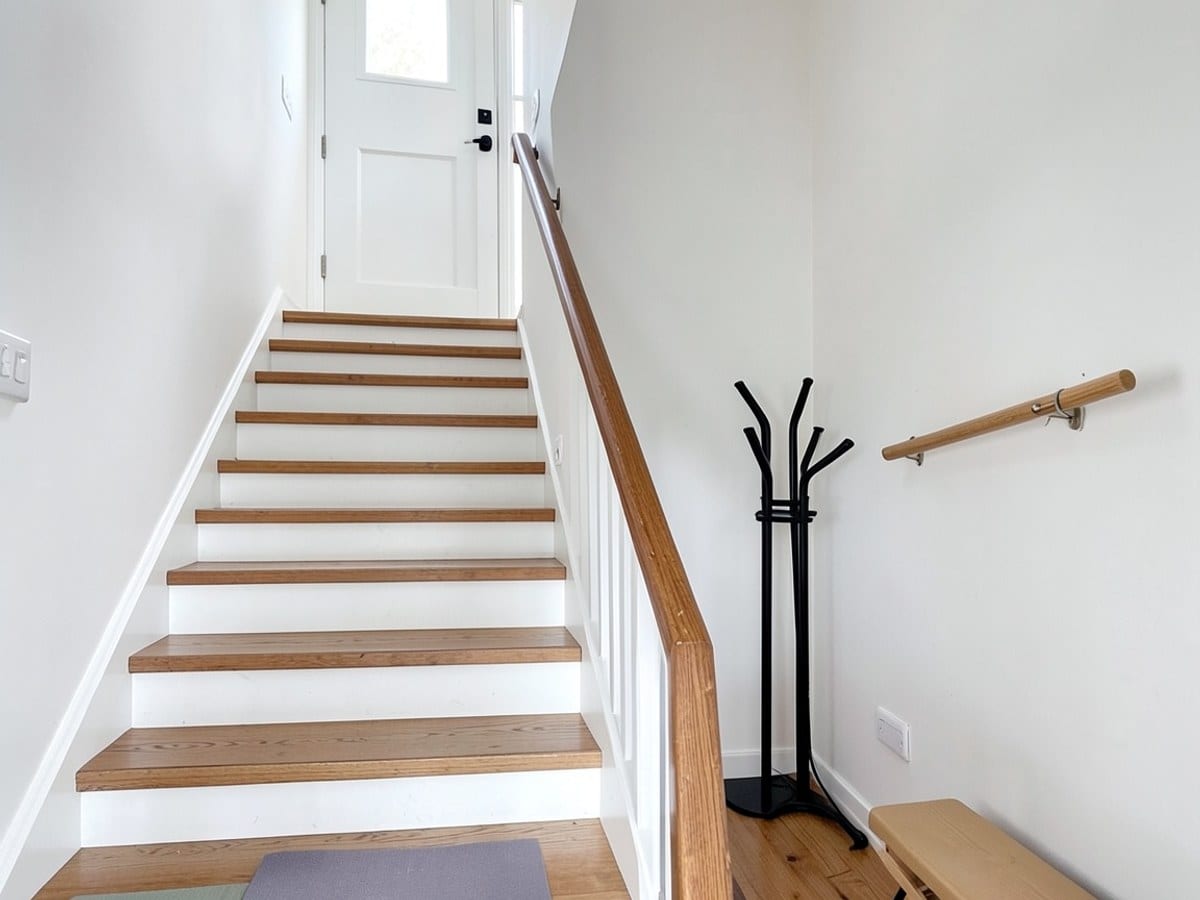 wooden staircase with white risers and treads, flanked by white walls and ceiling, ascends to a white door with a black handle and a small window, accompanied by a black coat rack.