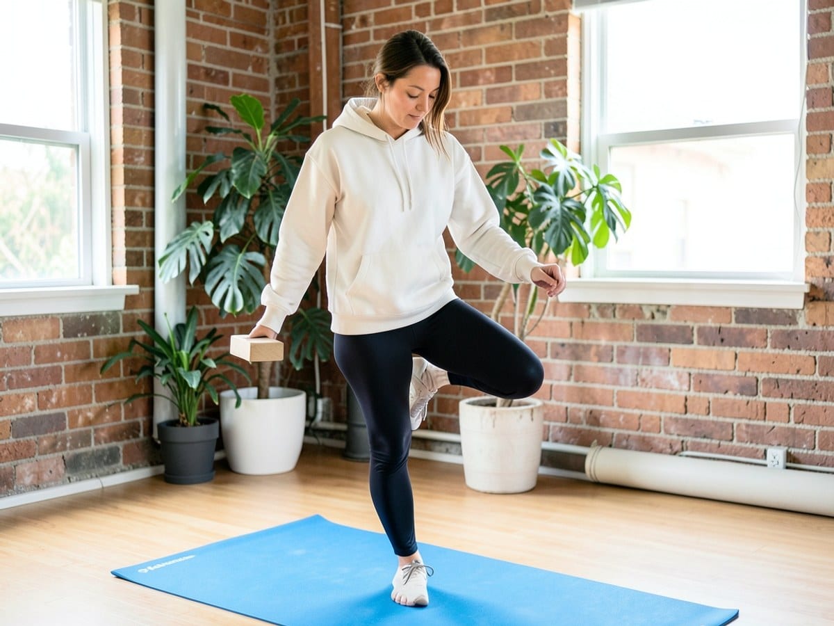 woman in white hoodie and black leggings balances on one leg, holding wooden blocks, on a blue yoga mat in a room with brick walls, large window, and green plants.