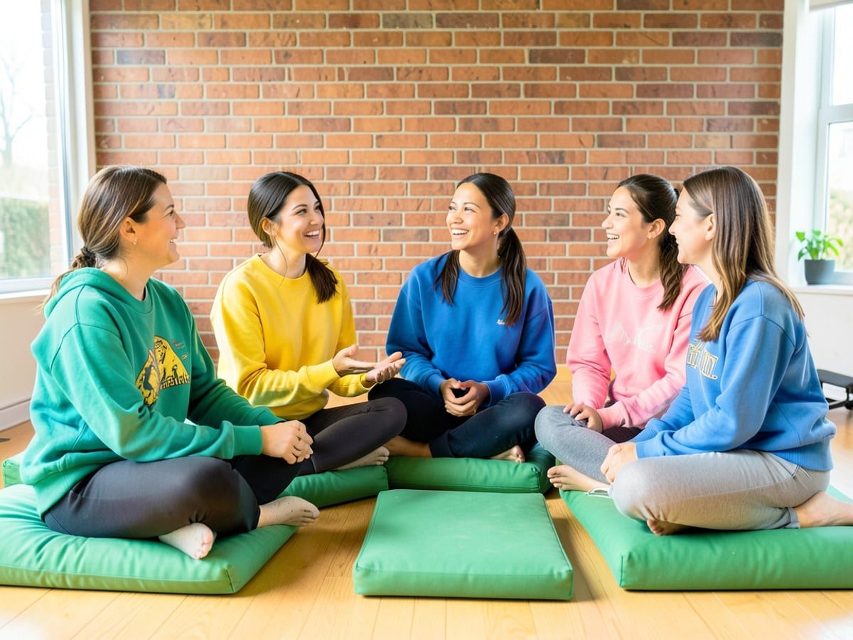 Four women in colorful sweatshirts sit on green cushions in a yoga studio, engaged in a lively conversation with a brick wall backdrop.