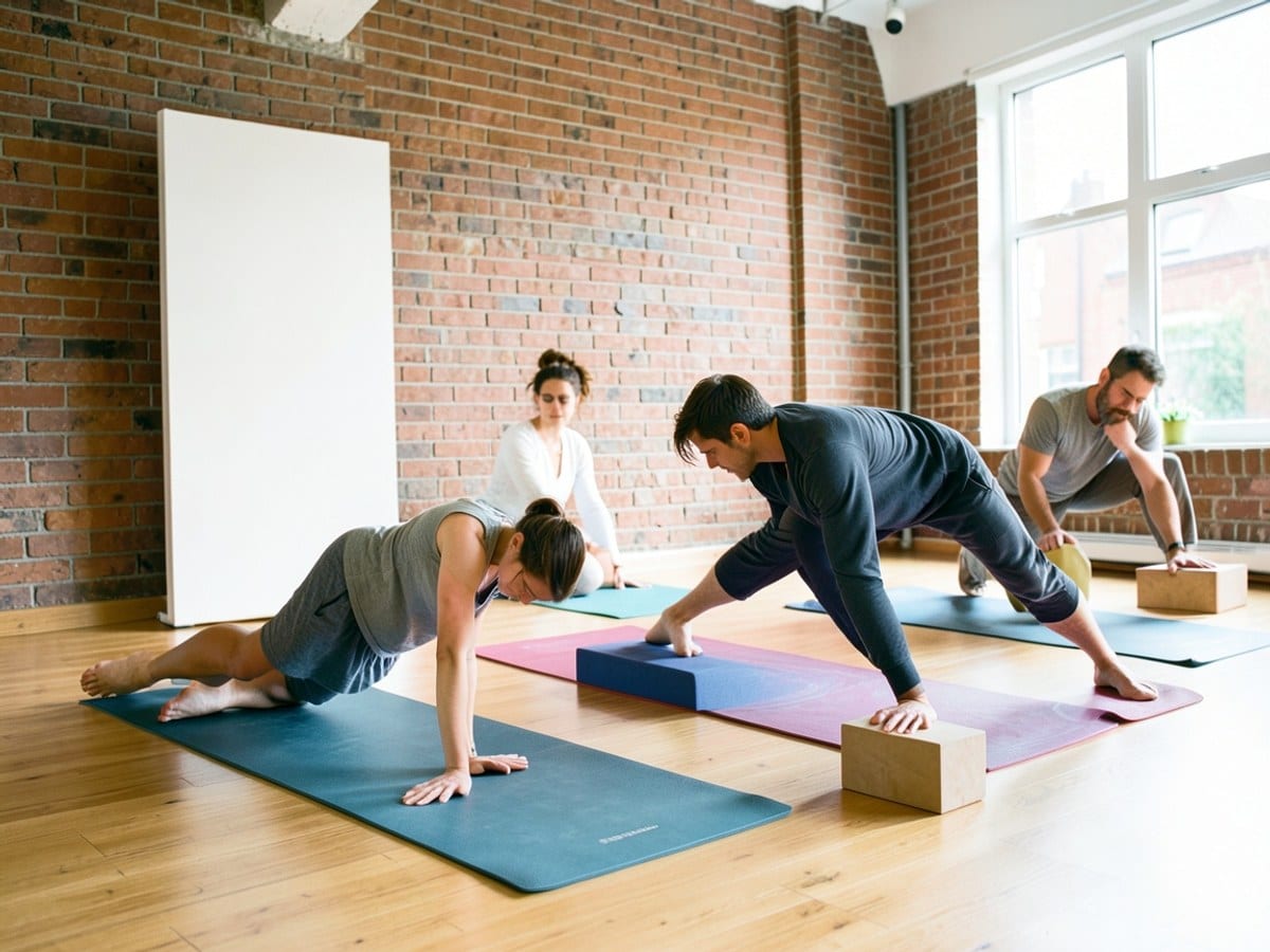 Two individuals practice yoga in a spacious room with a brick wall, white panel, and wooden floor, using mats and blocks for support.