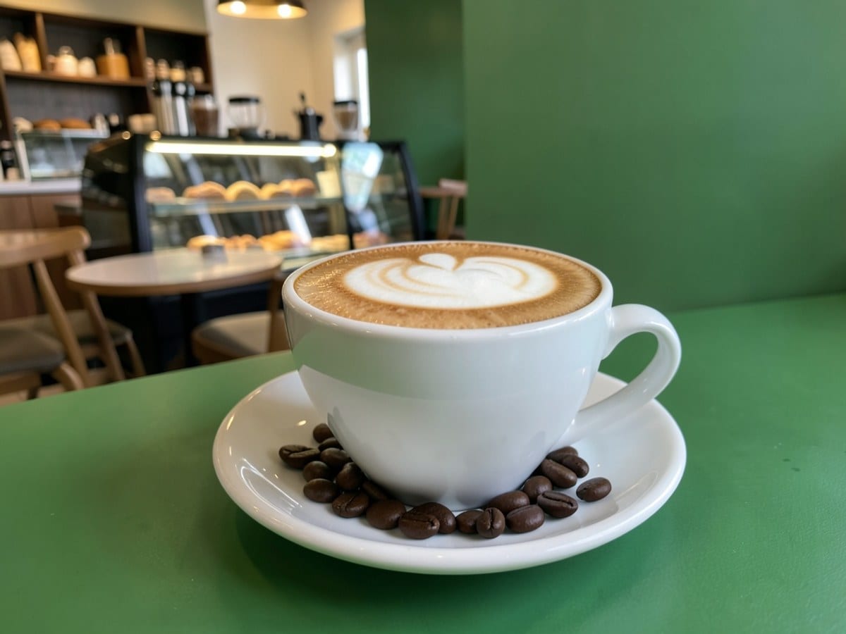 coffee shop interior features a warm ambiance, with a wooden floor, white walls, and a cozy seating area, and a dining area with a black table and white chairs.
