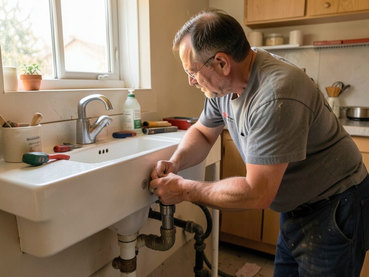 Plumber checking a kitchen sink connection