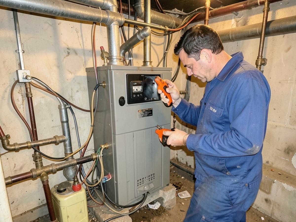 plumber in a blue uniform works on a gray furnace in a cluttered basement, holding an orange tool and surrounded by wires and pipes