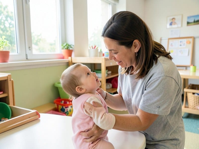 Caregiver gently engaging with an infant in a bright daycare room