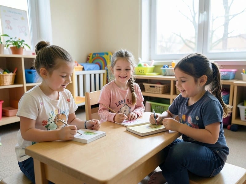 School-age children enjoying a quiet activity together indoors