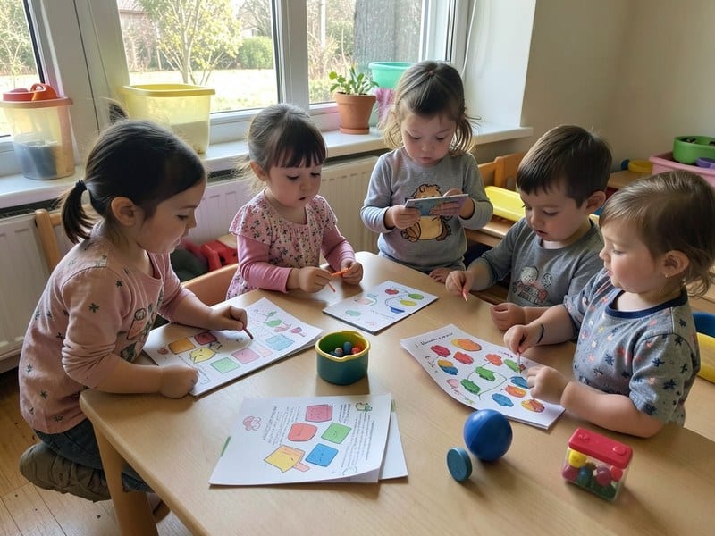 Preschool children exploring colorful learning materials together