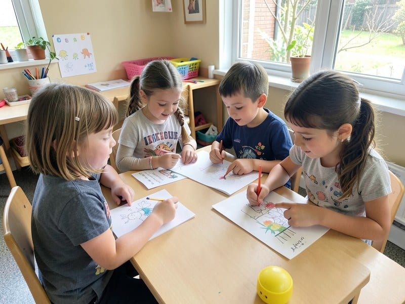 School-age children drawing together at an after-school activity table