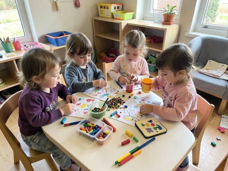Preschool children sharing a colorful activity at a classroom table