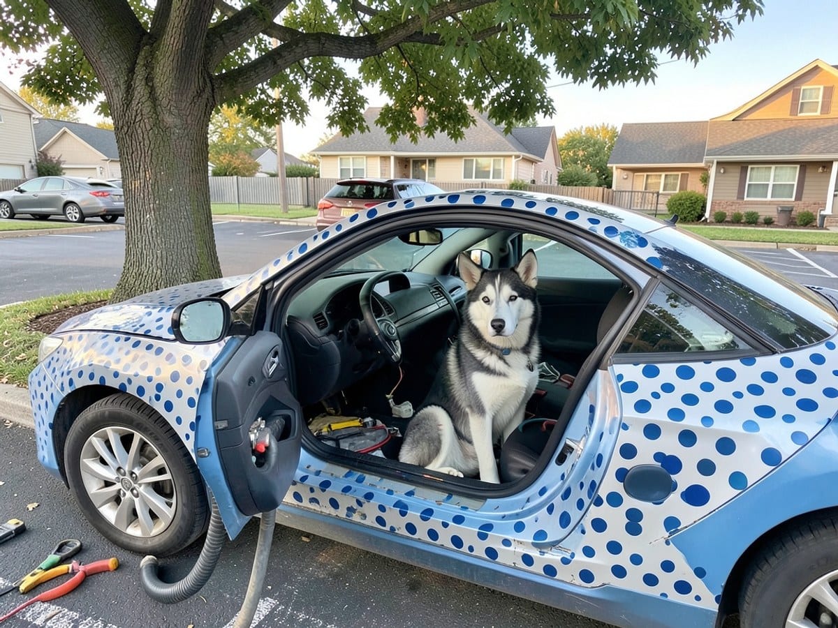 husky dog sits in the driver's seat of a blue car with a white and blue polka dot pattern, parked under a tree in a parking lot