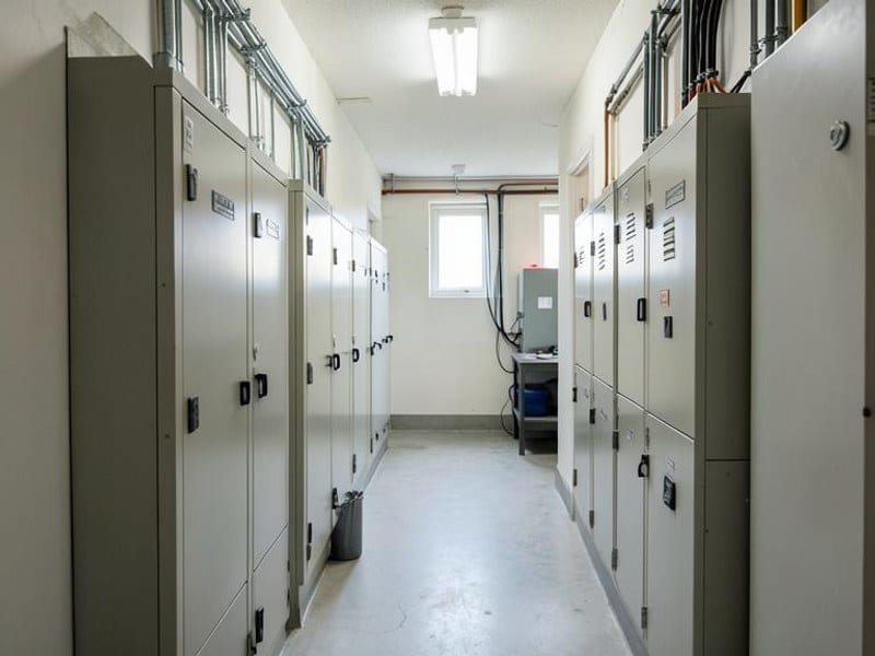 Clean electrical panels arranged in a well-maintained service hallway