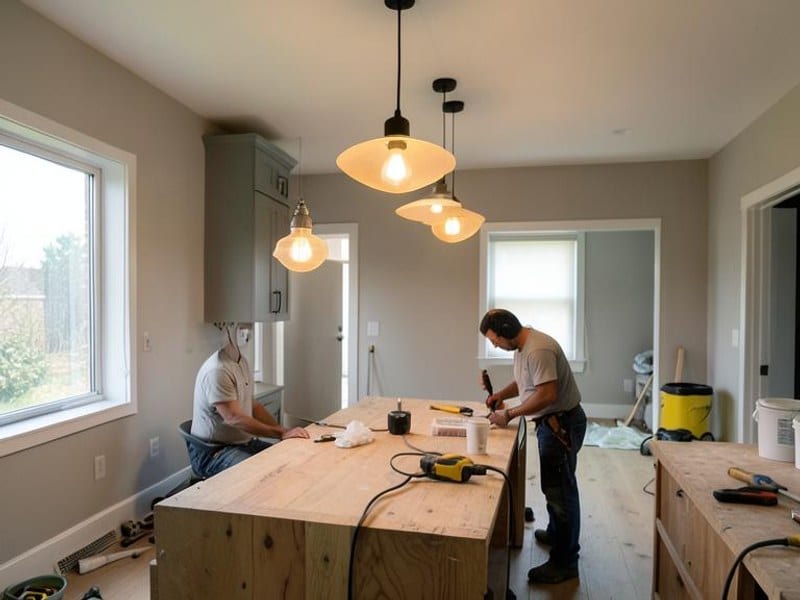 Warm pendant lights illuminating a freshly updated residential interior