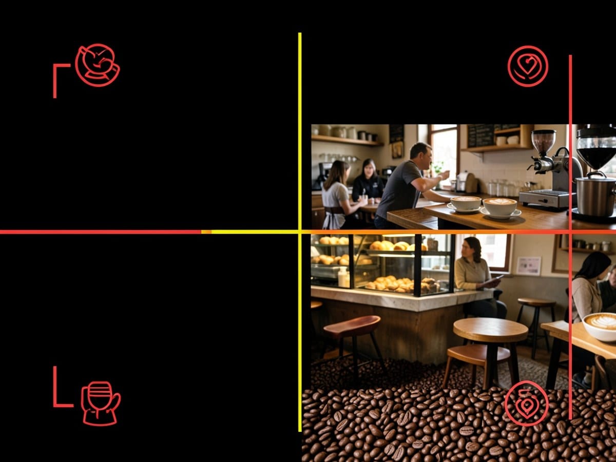 minimalist graphic design features a symmetrical arrangement of red and yellow lines, accompanied by various red icons on a black background.