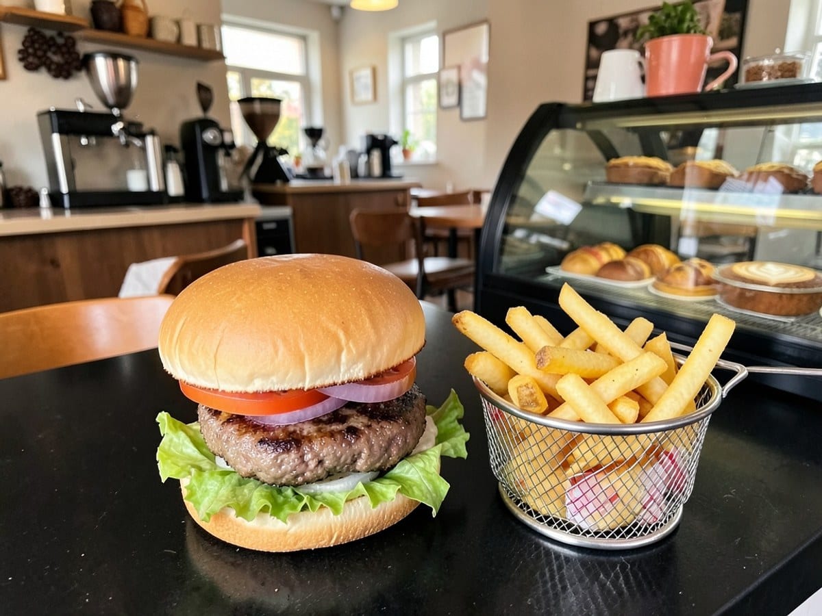 burger with lettuce, tomato, onion, and beef patty on a black countertop, accompanied by golden fries in a silver basket.